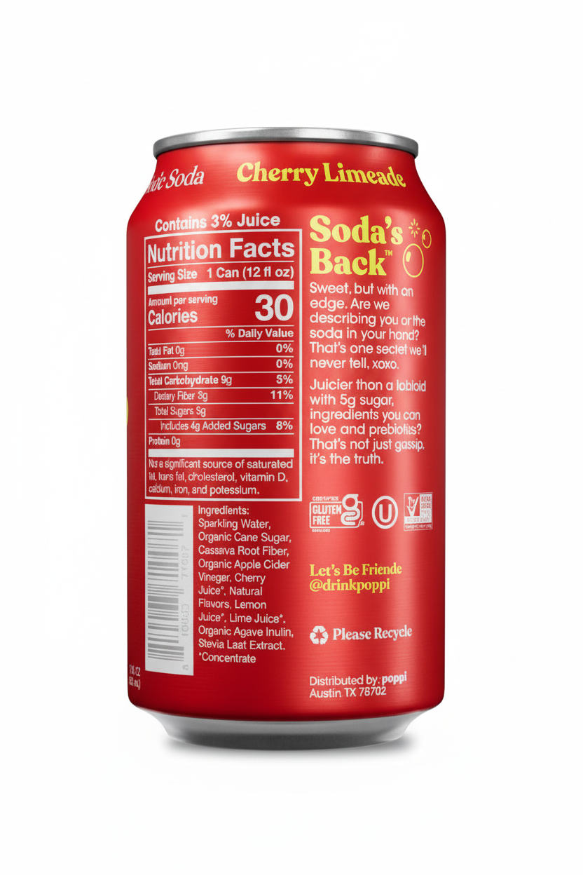Poppi Cherry Limeade prebiotic soda nutrition facts 30 calories gluten free 5g sugar cherry juice lemon lime juice