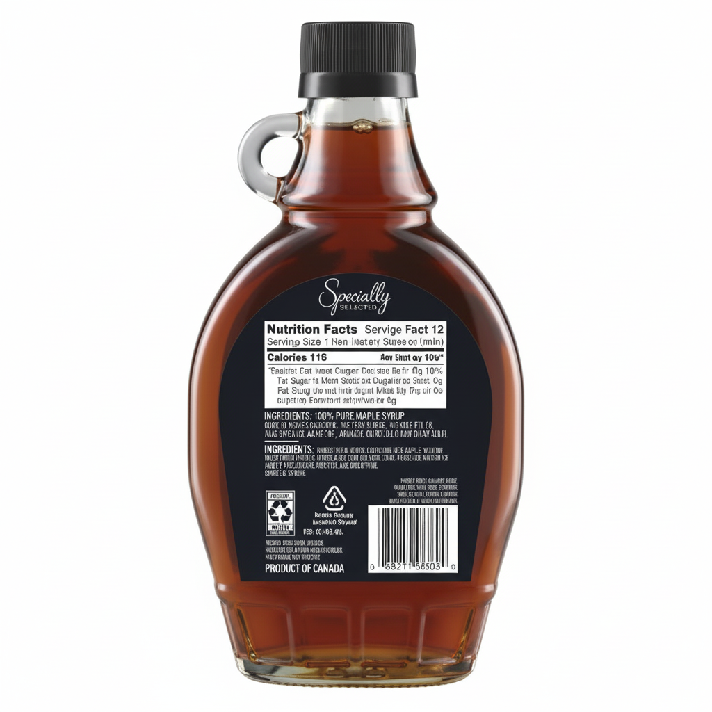 Specially Selected 100% Pure Maple Syrup 12.5 fl oz glass bottle back view with nutrition facts and ingredients