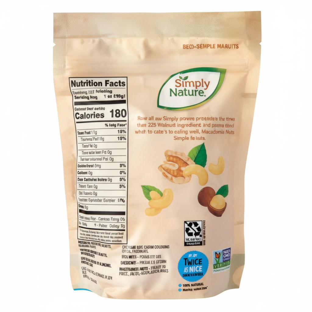 Simply Nature Raw Cashews Walnuts and Macadamia Nuts - Nutrition Facts Back