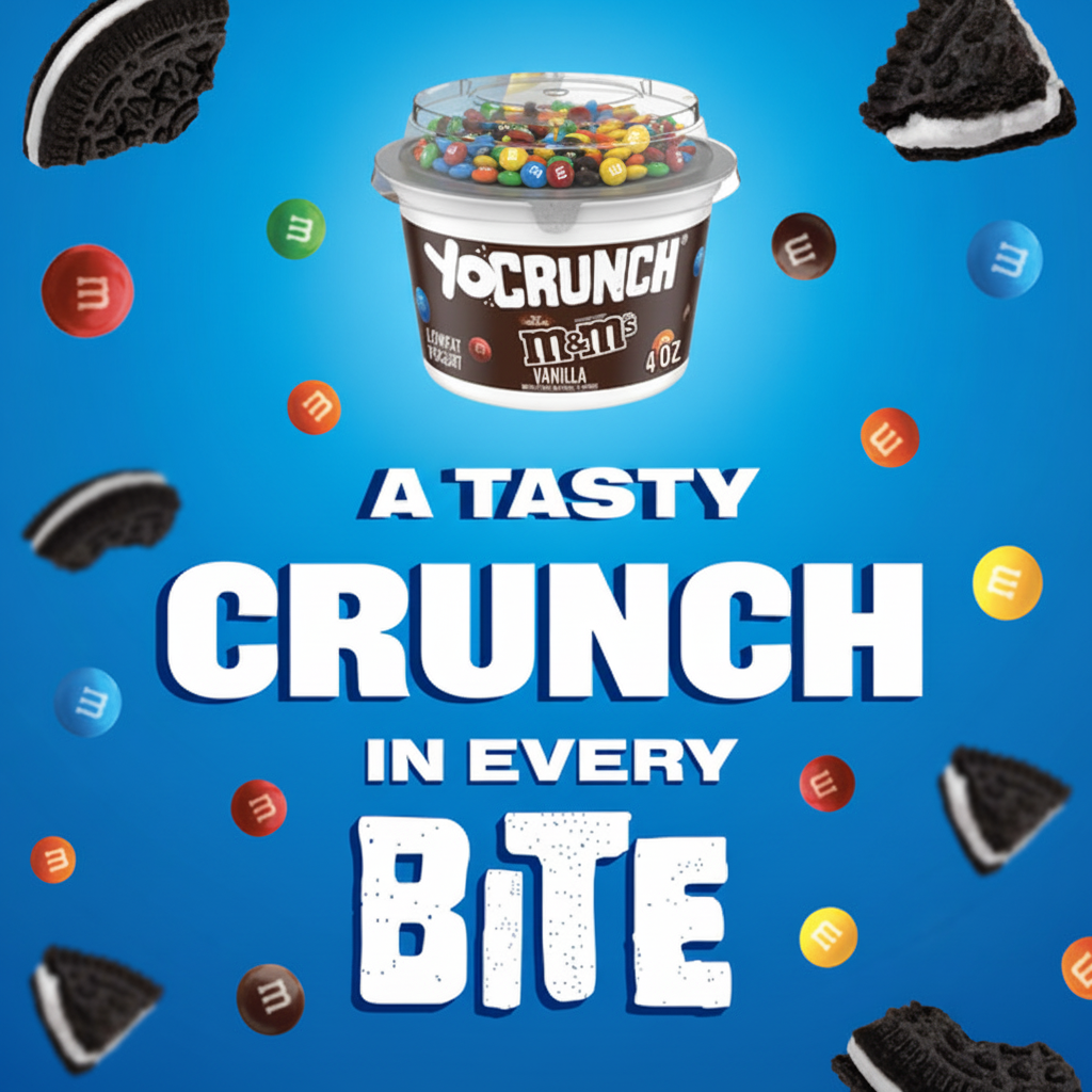 YoCrunch M&Ms Vanilla Lowfat Yogurt cup with A Tasty Crunch In Every Bite text on blue background with M&M candies and Oreo pieces