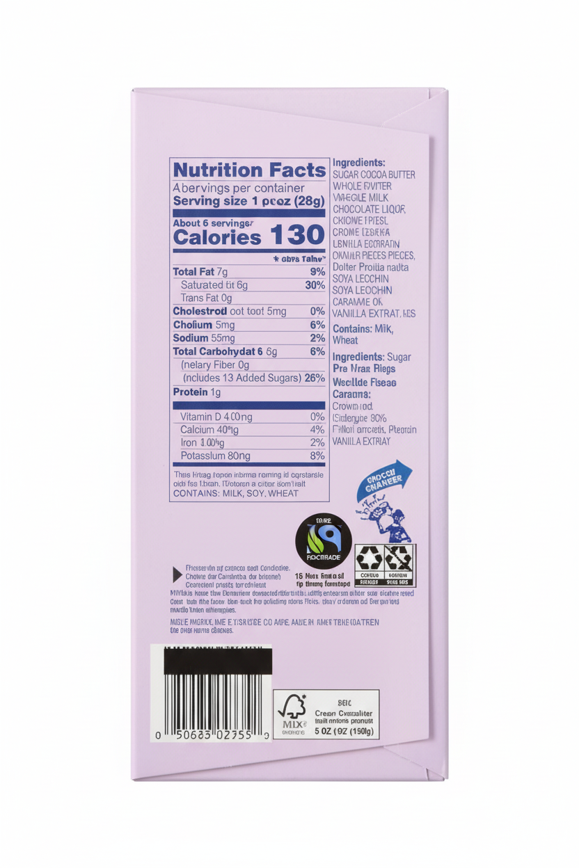 Choceur Milk Chocolate Brownie Salted Caramel nutrition facts 130 calories 7g fat 14g sugars 6 servings per container contains milk soy wheat Fairtrade certified