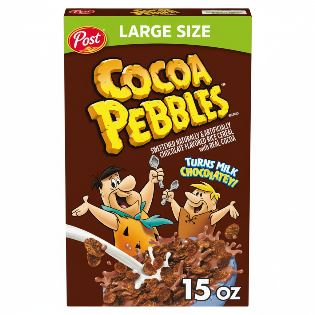 Post Cocoa Pebbles Cereal 15oz large size box front with Fred and Barney Flintstone
