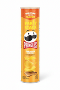 Pringles Cheddar Cheese Party Stack 7.1 oz can front with bursting with flavor badge