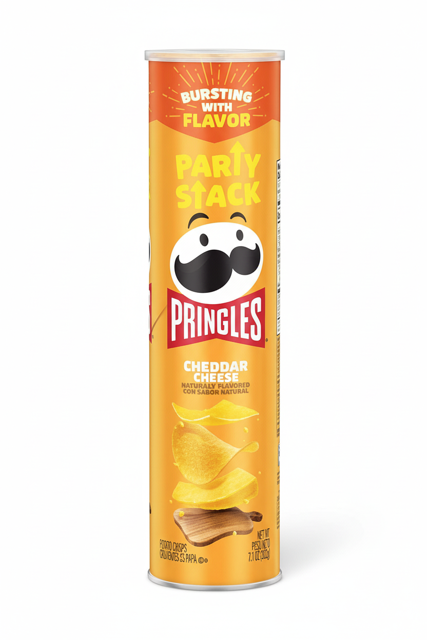 Pringles Cheddar Cheese Party Stack 7.1 oz can front with bursting with flavor badge