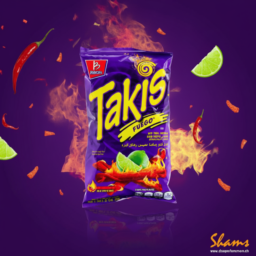 Takis Fuego bag with dramatic fire flames lime and chili pepper on dark purple background
