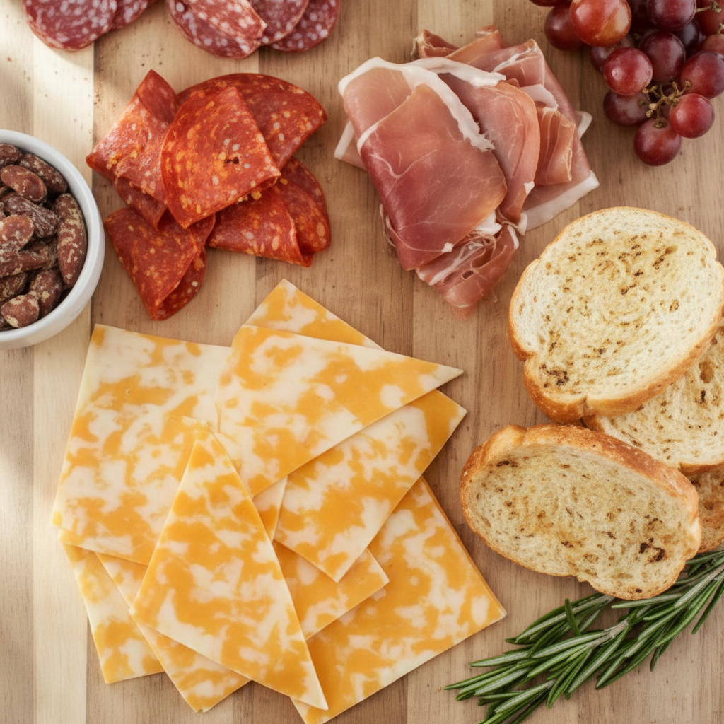 Happy Farms Colby Jack Cheese slices on a charcuterie board with cured meats and bread