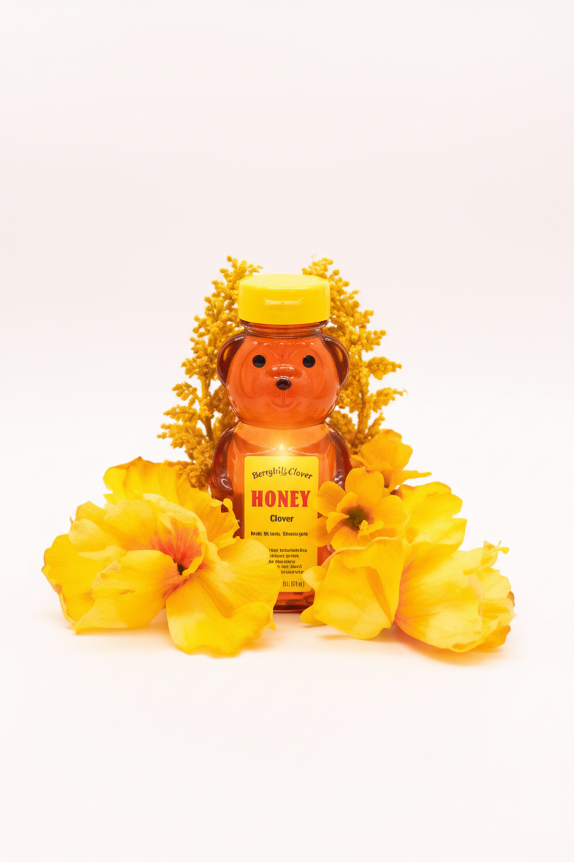 Berryhill Clover Honey Bear 12 oz Lifestyle Shot with Yellow Flowers and Golden Wheat