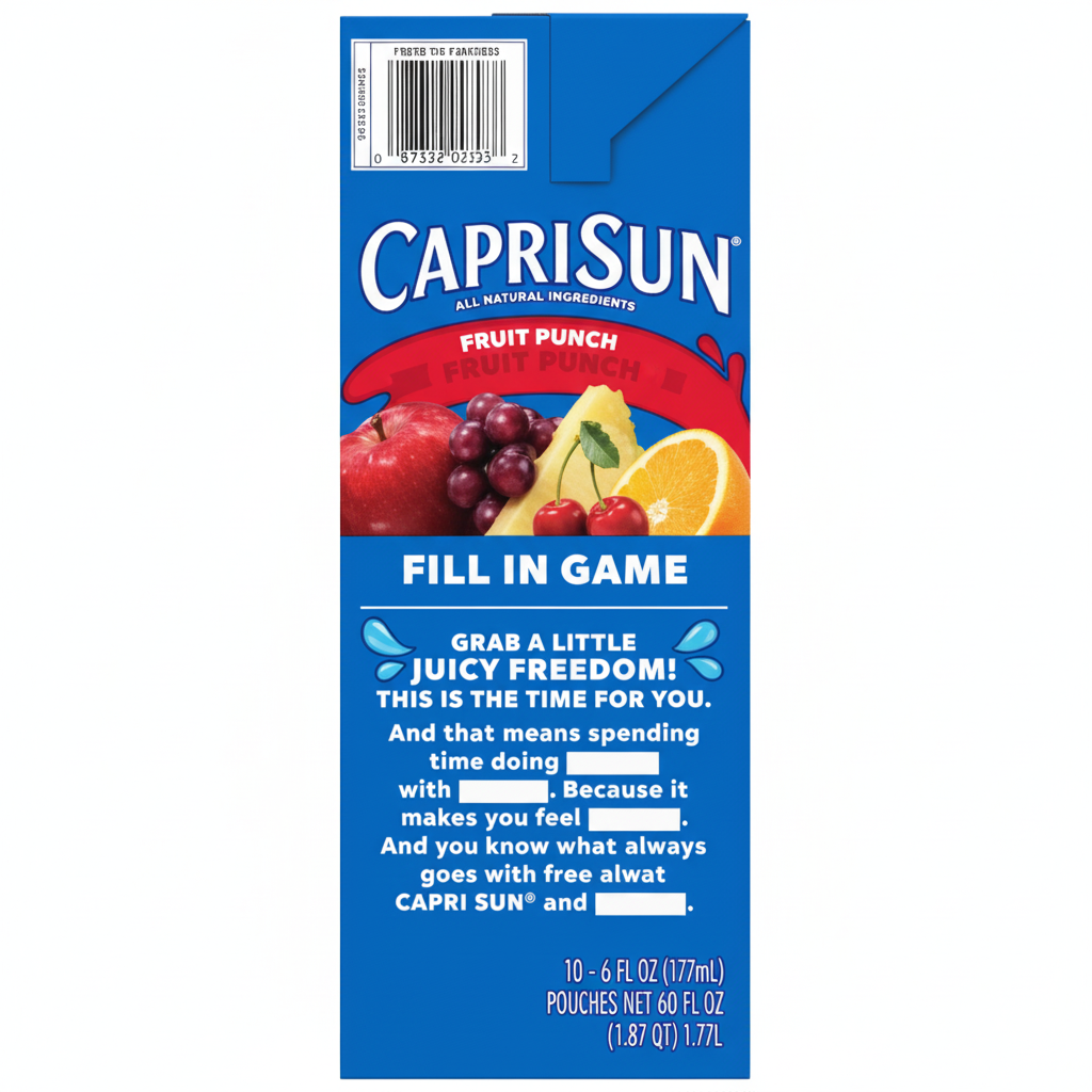 Capri Sun Fruit Punch 10-pack box back panel with Fill In Game activity