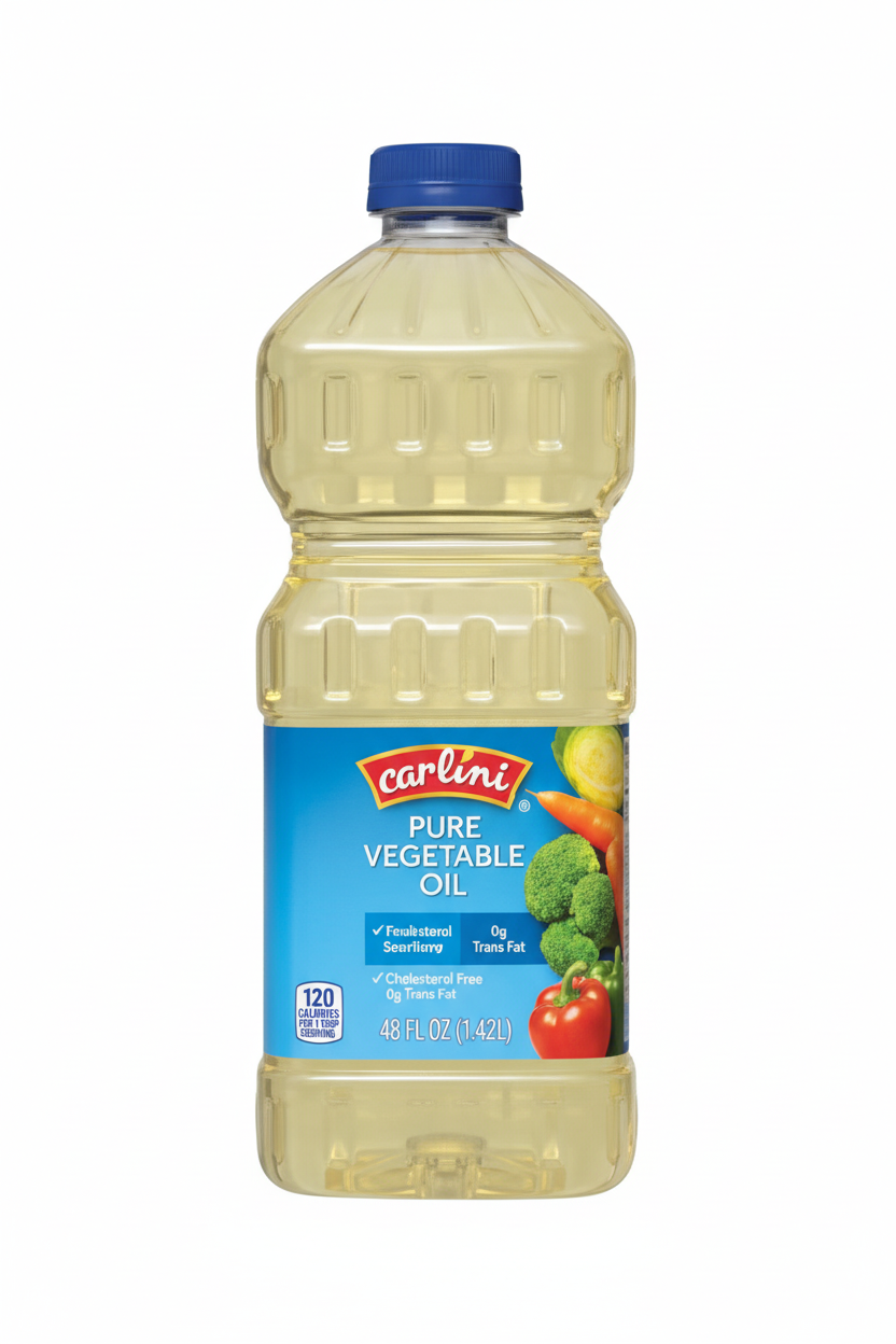 Carlini Pure Vegetable Oil 48 fl oz Clear Plastic Bottle Blue Label Fresh Vegetables Illustration Cholesterol Free 0g Trans Fat