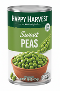 Happy Harvest Medium Sweet Peas 15 oz Steel Can Dark Forest Green Label Pea Pod Illustration Terracotta Bowl Serving Suggestion ALDI Original 50 Calories