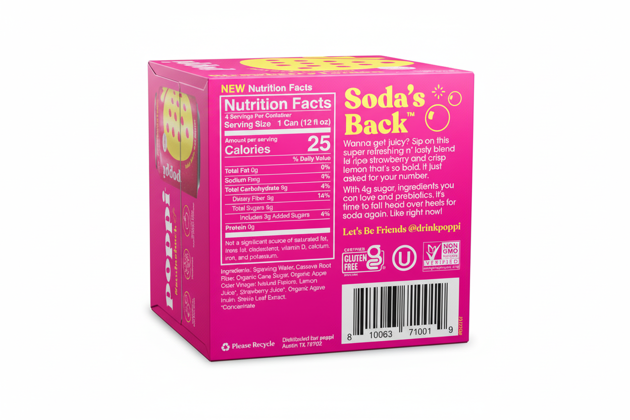Poppi Strawberry Lemon prebiotic soda nutrition facts 30 calories gluten free non-GMO