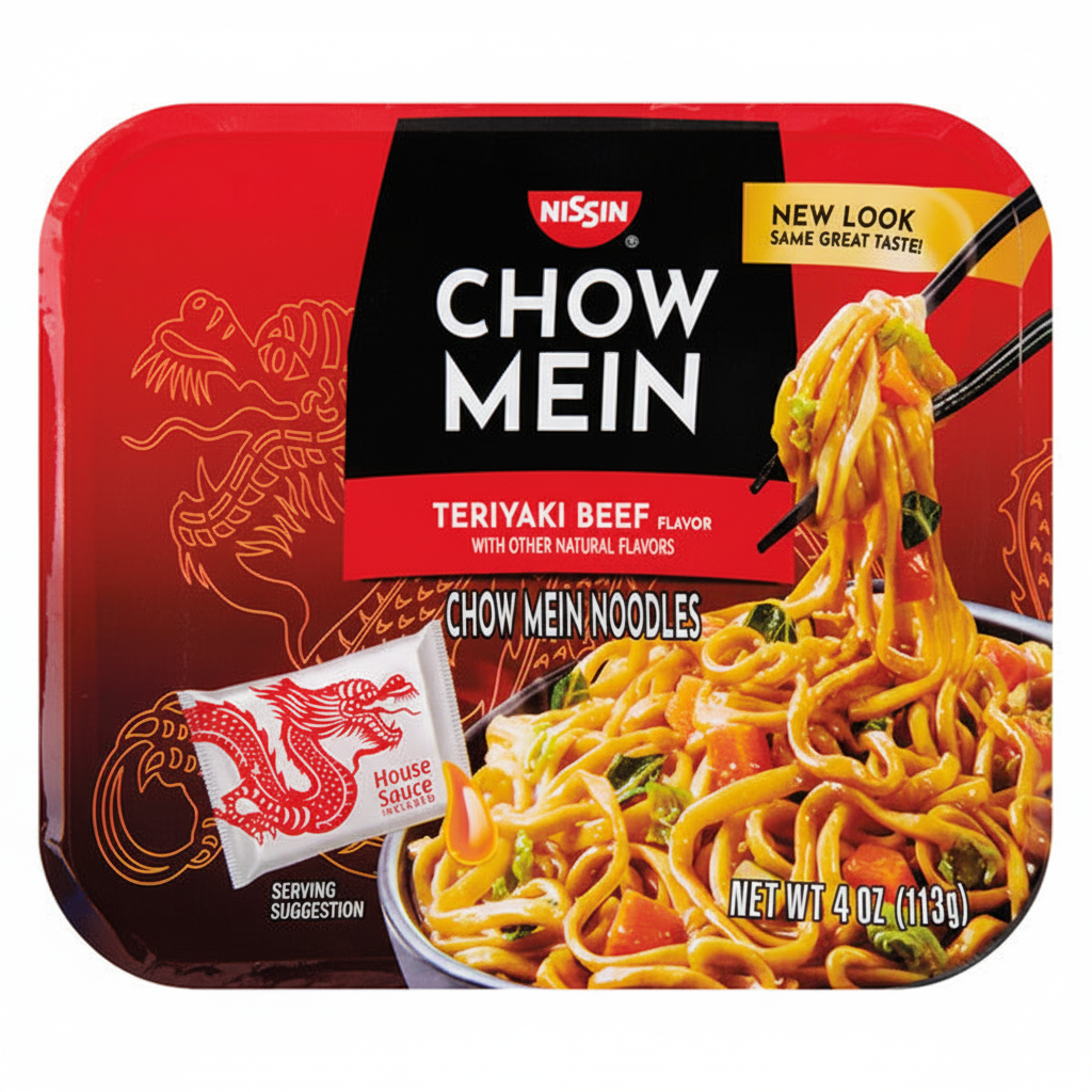 Nissin Chow Mein Teriyaki Beef Flavor instant noodles 4 oz 113g tray with house sauce packet new look same great taste