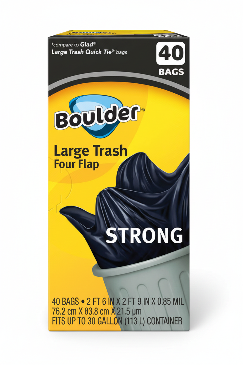 Boulder Large Trash Four Flap Strong Bags 40 Count 30 Gallon Compare to Glad Large Trash Quick Tie