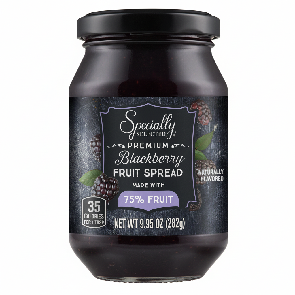 Specially Selected Premium Blackberry Fruit Spread 9.95oz dark glass jar front view with 75% fruit purple banner