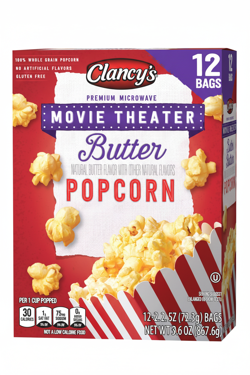 Clancy's Movie Theater Butter Microwave Popcorn 12 bags box