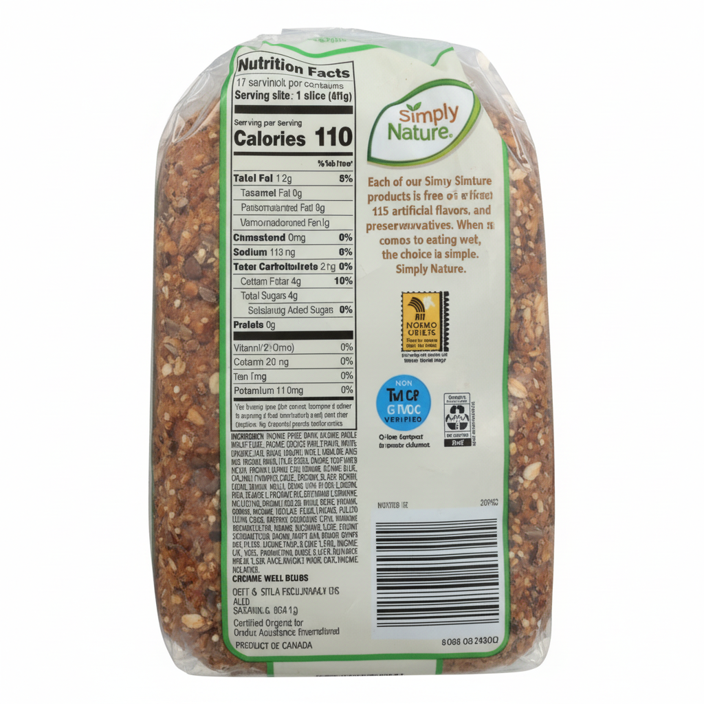 Simply Nature Organic Graintastic Bread back panel with nutrition facts 110 calories, ingredients and Simply Nature brand promise