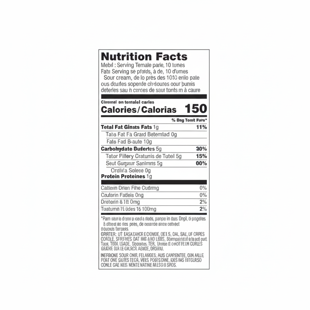 Pringles Sour Cream and Onion nutrition facts panel with chips and sour cream dip
