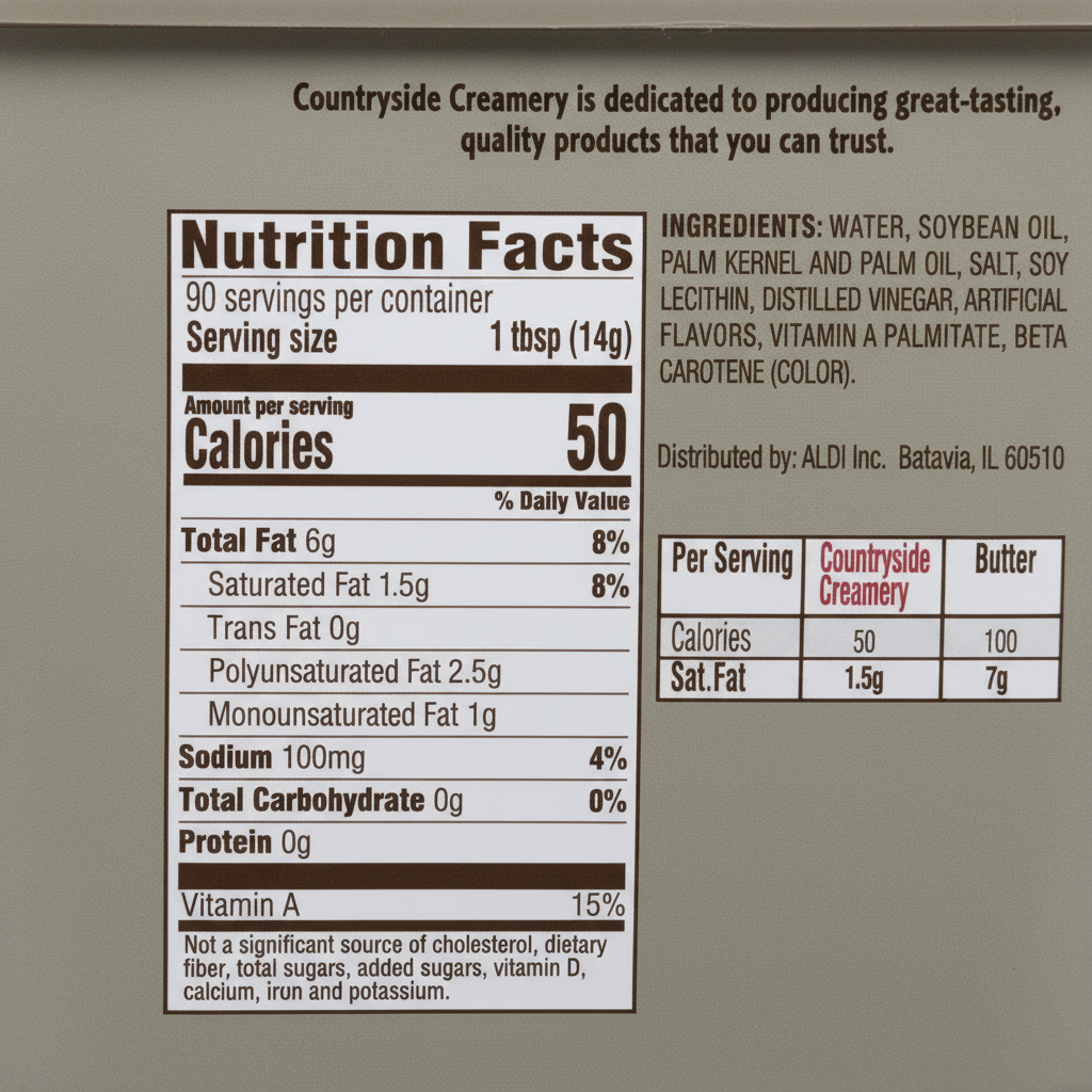 Countryside Creamery Homestyle Spread 45oz tub back panel with nutrition facts, ingredients and butter comparison table