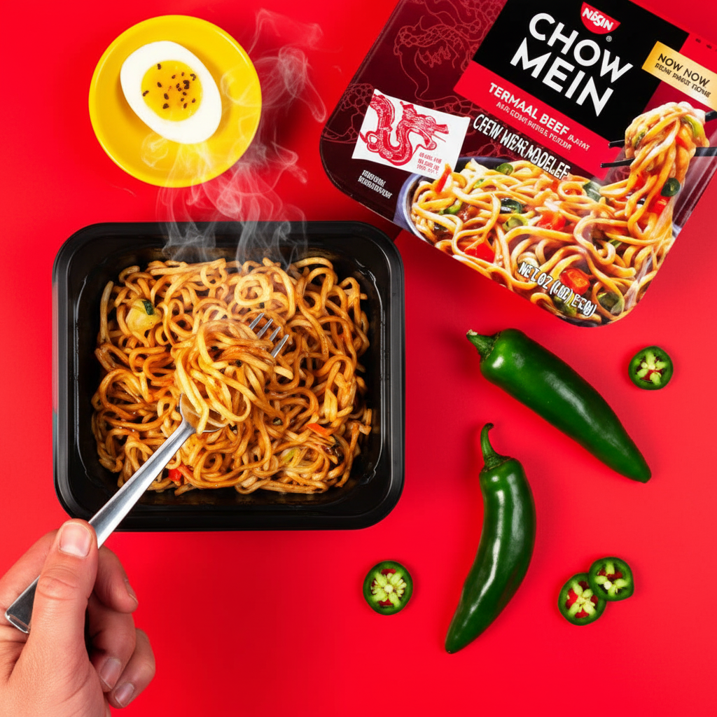 Nissin Chow Mein Teriyaki Beef saucy noodles in black tray with fork jalapeño peppers red background lifestyle food photography