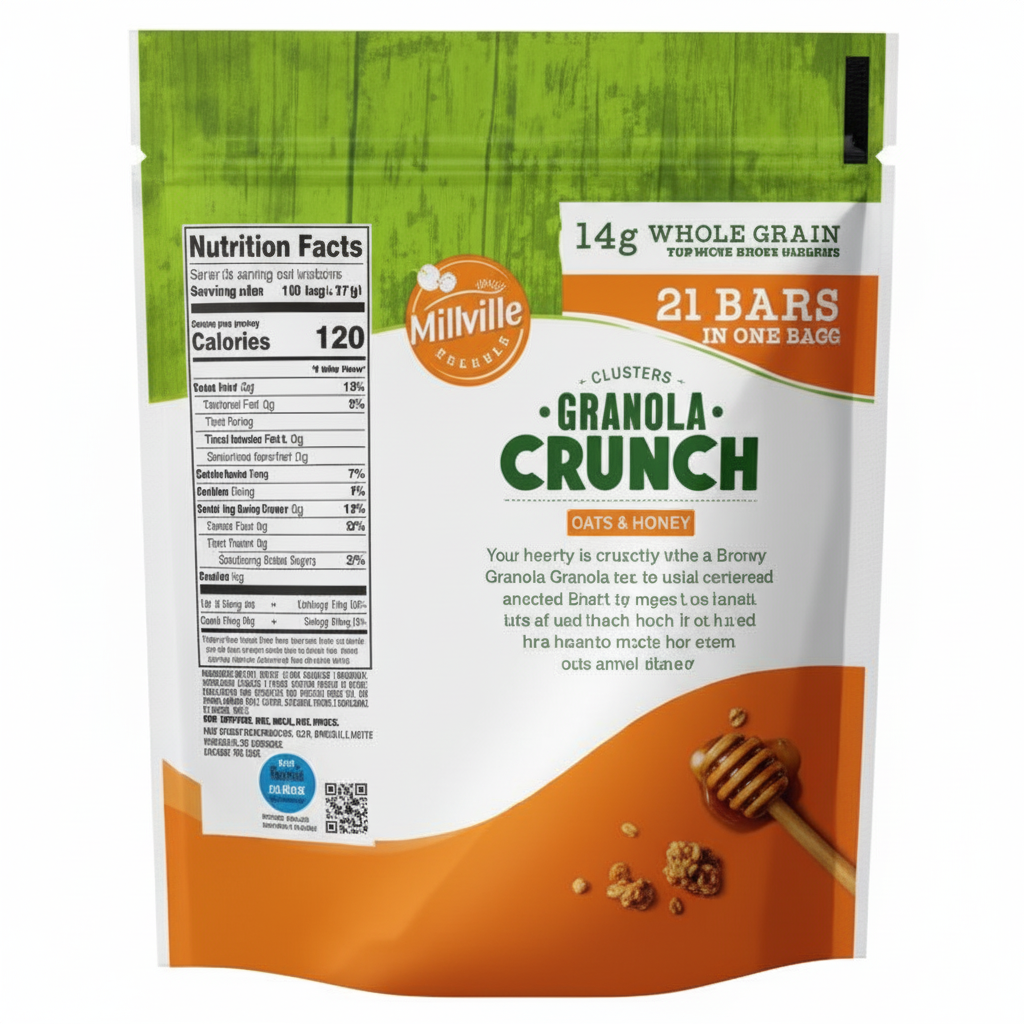 Millville Granola Crunch pouch back panel with nutrition facts and 14g whole grain badge