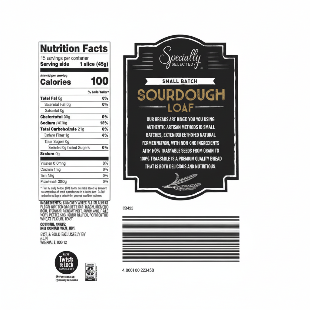 Specially Selected Small Batch Sourdough Loaf back label with nutrition facts 100 calories, artisan brand story and ingredients