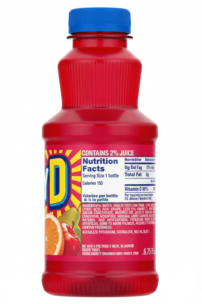 SunnyD Fruit Punch nutrition facts 50 calories 12g sugars 80% Vitamin C DV per 6.75 fl oz bottle