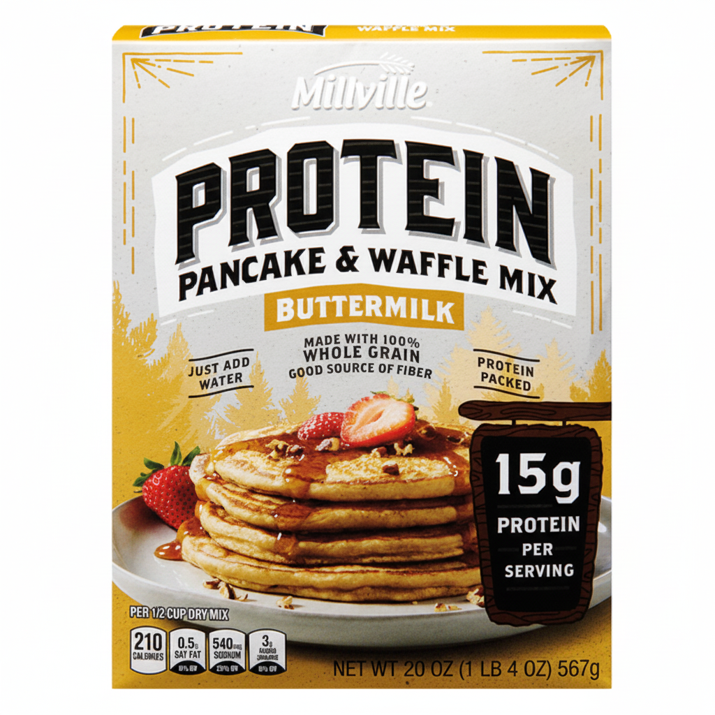 Millville Buttermilk Protein Pancake and Waffle Mix 20oz box front with 15g protein per serving badge and fluffy pancake stack