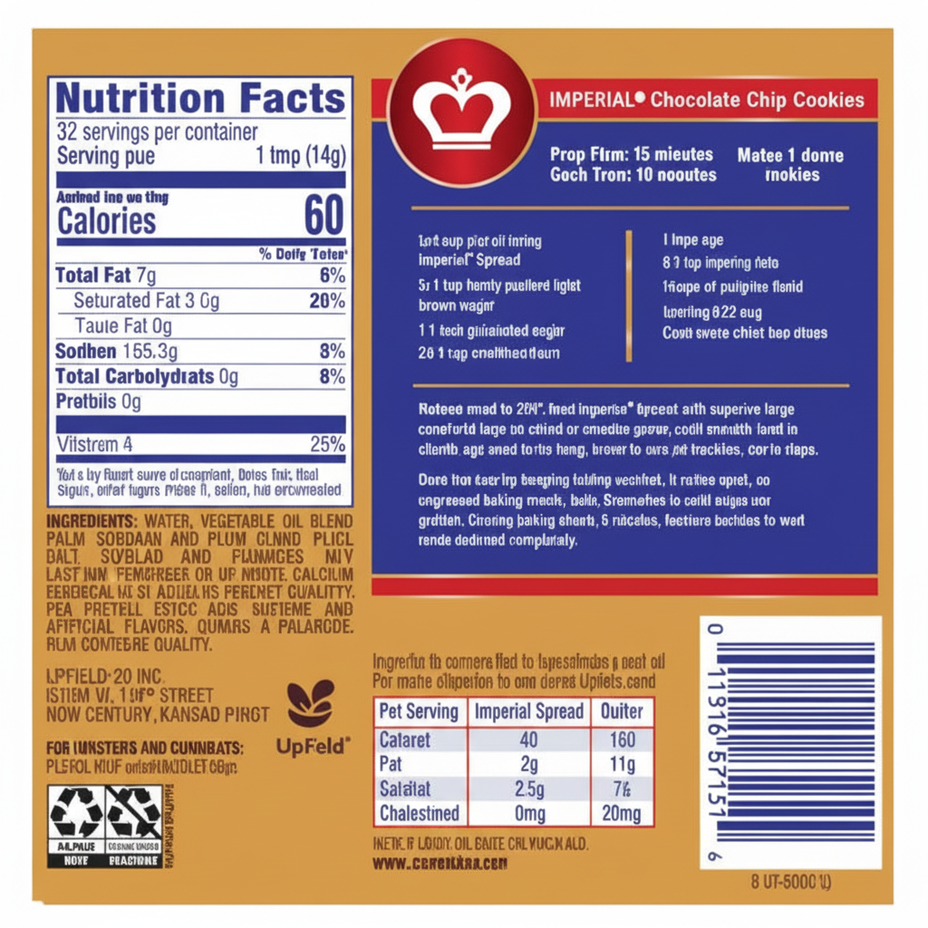 Imperial Vegetable Oil Spread 16oz box back panel with nutrition facts and Imperial Chocolate Chip Cookies recipe