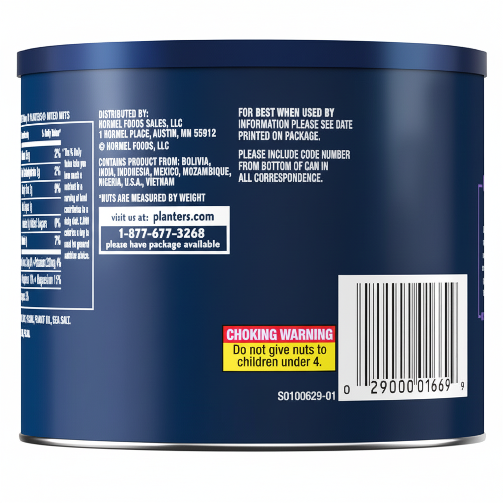Planters Lightly Salted Mixed Nuts 10.3oz - Back Label with Distributor Info