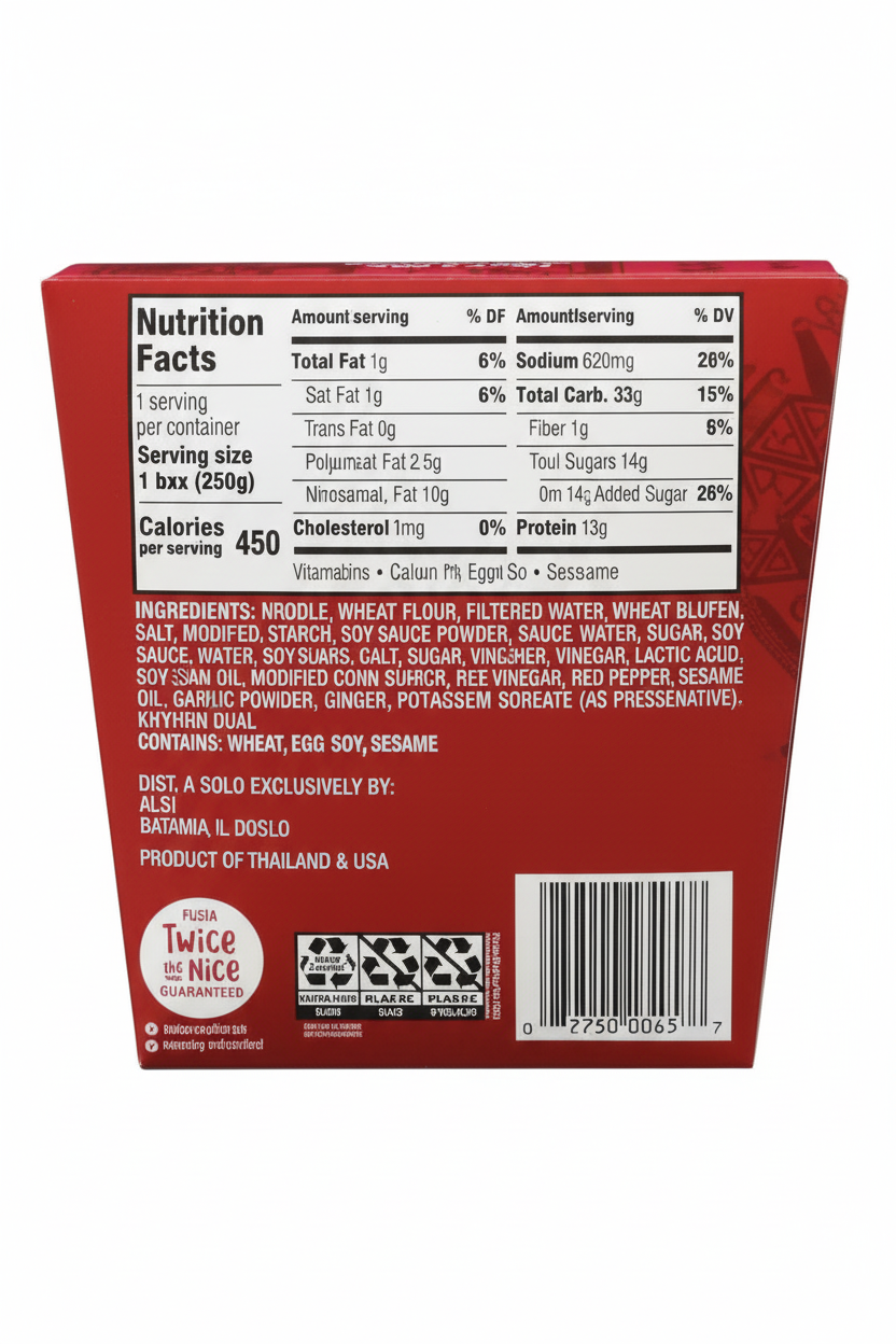 Fusia Asian Inspirations Kung Pao Ramen 8.11 oz nutrition facts 450 calories 13g protein 620mg sodium no MSG product of Thailand and USA