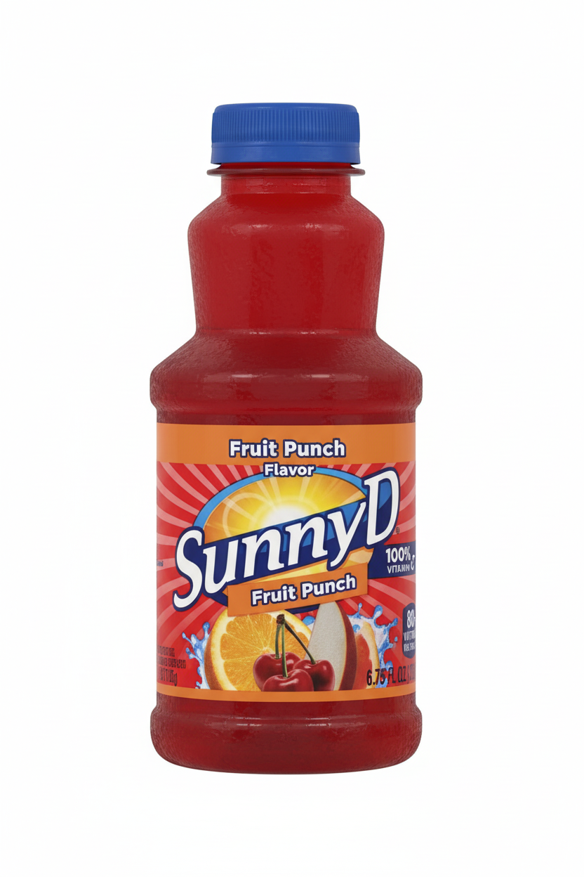 SunnyD Fruit Punch single bottle 6.75 fl oz 80% Vitamin C 50 calories cherry orange peach fruit punch