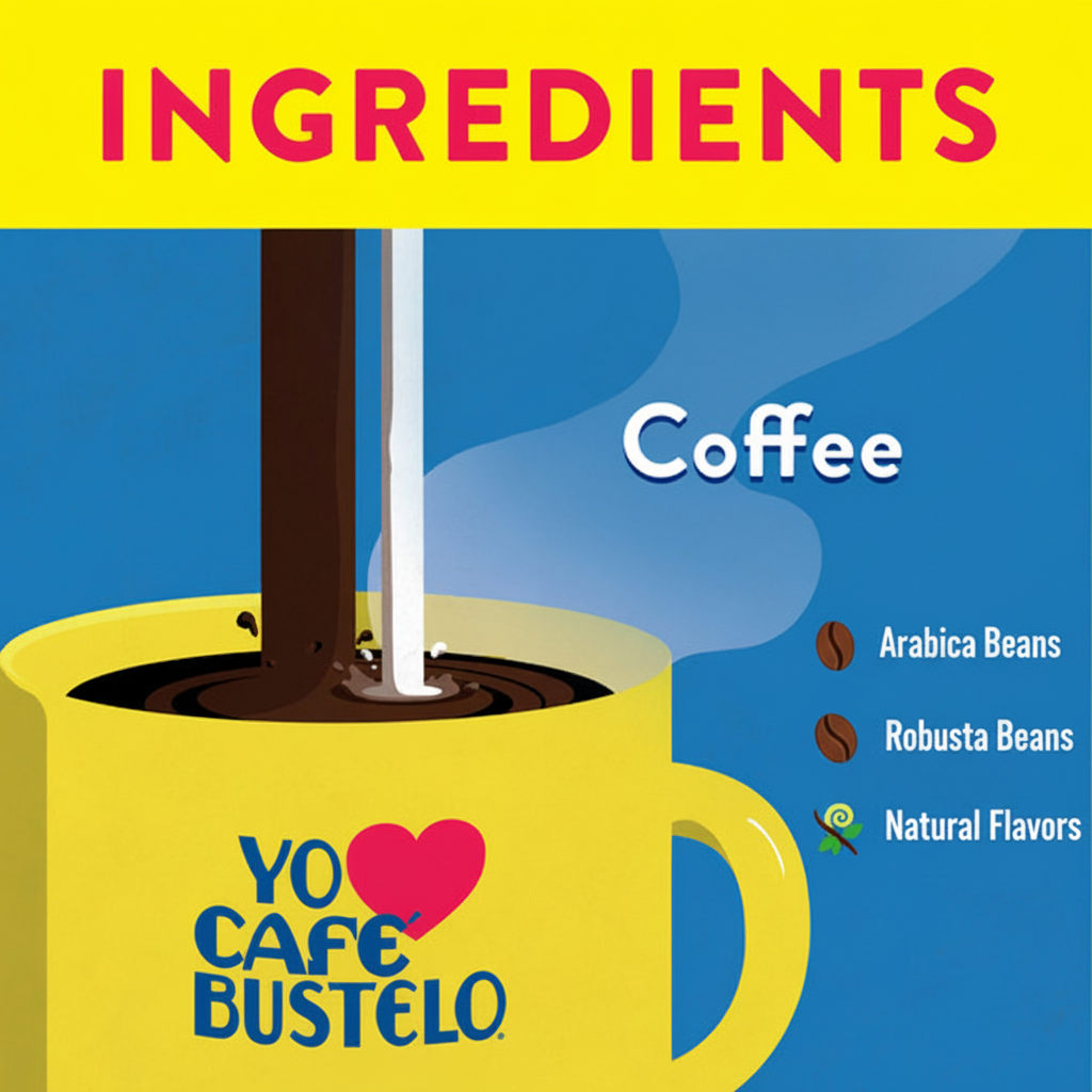 Café Bustelo ingredients infographic showing coffee being poured into a yellow mug