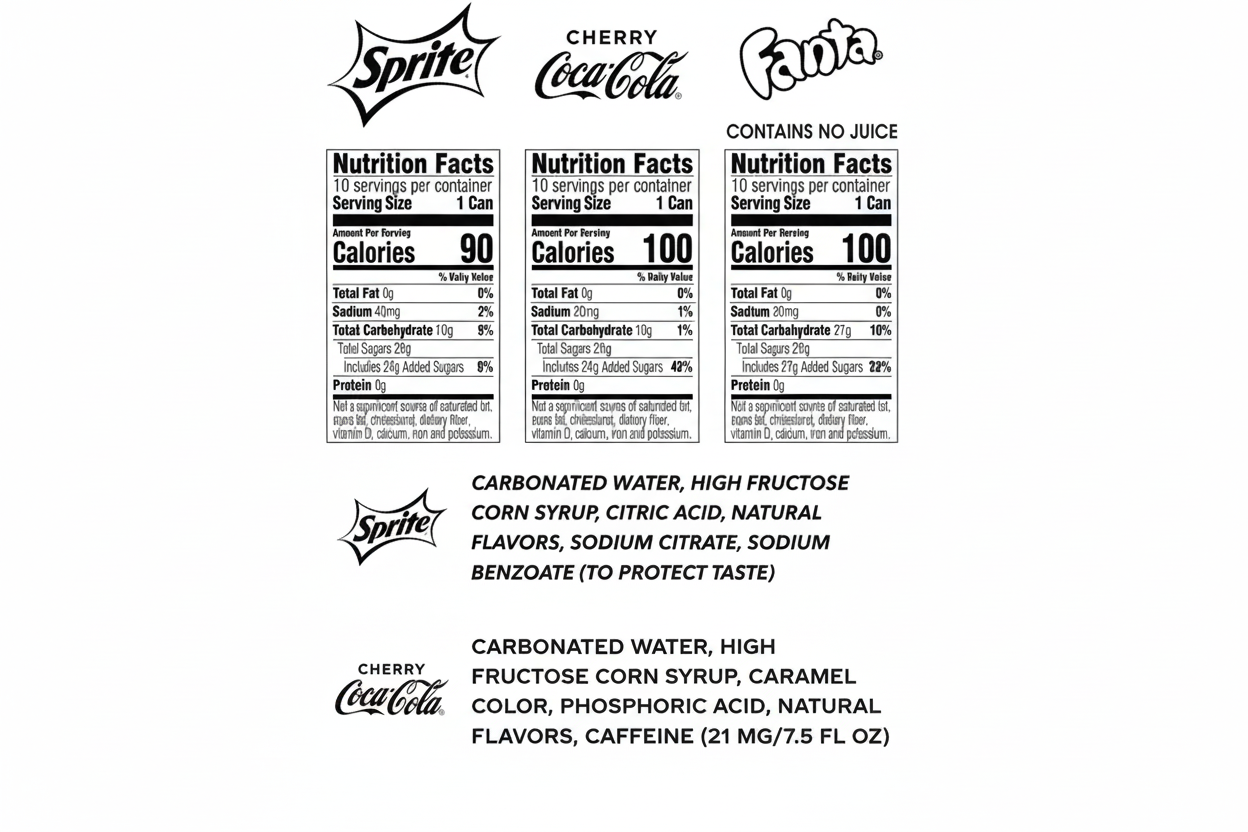 Sprite Cherry Coca-Cola Fanta Orange nutrition facts 90-100 calories per can ingredients list