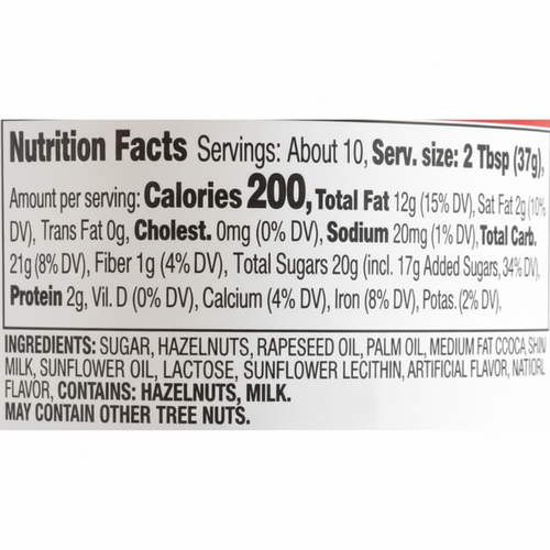 Berryhill Hazelnut Spread 13oz nutrition facts and ingredients back label