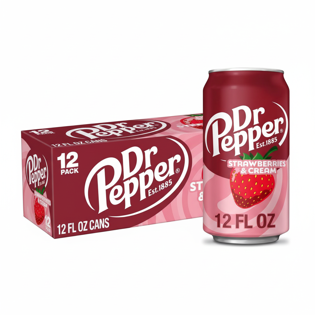 Dr Pepper Strawberries and Cream soda 12-pack box with single can 12 fl oz cans maroon and pink