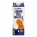 Goldhen Liquid Egg Whites 32oz carton with navy blue panels, white wood texture, orange rooster and equal to 20 eggs badge