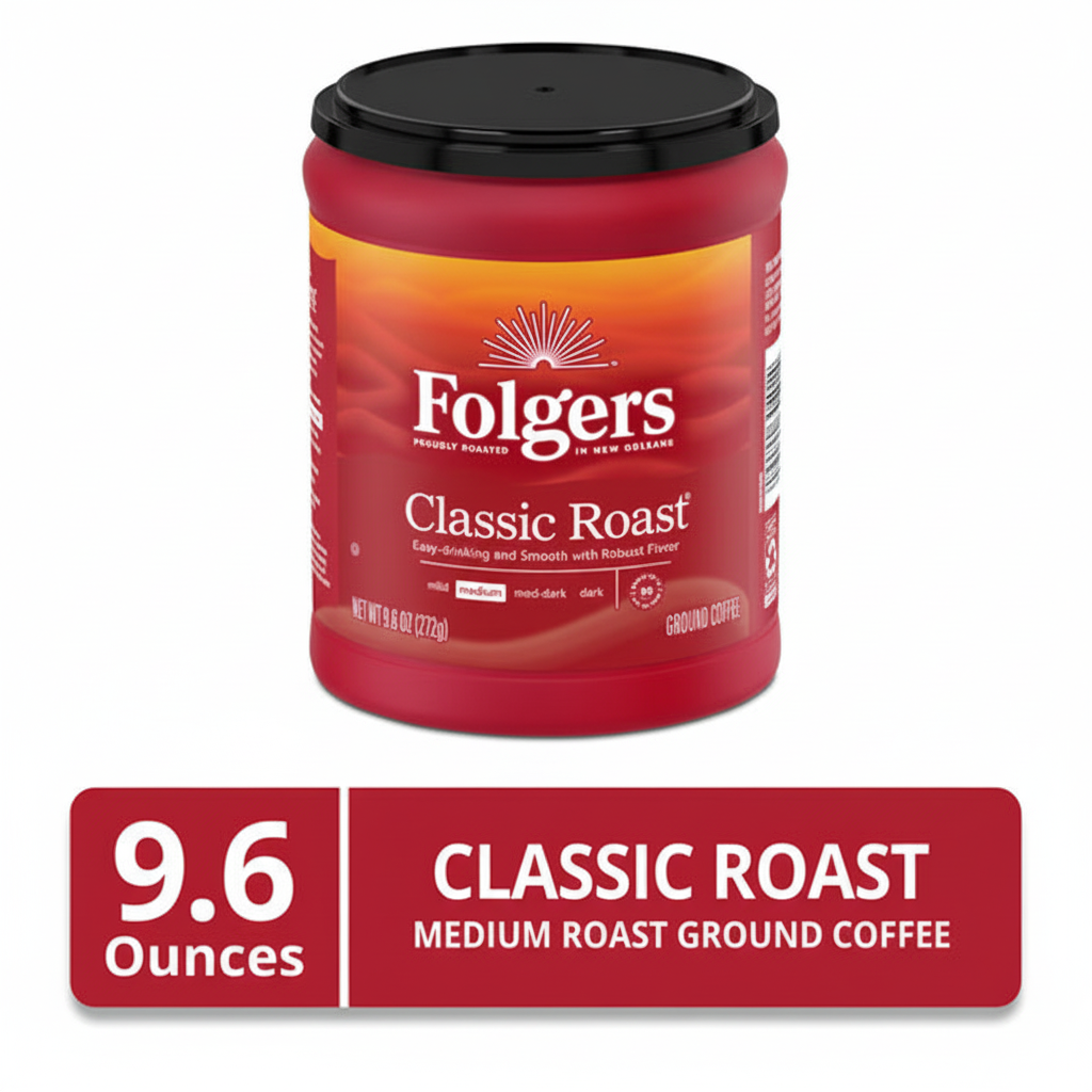 Folgers Classic Roast Ground Coffee 9.6oz canister with size label