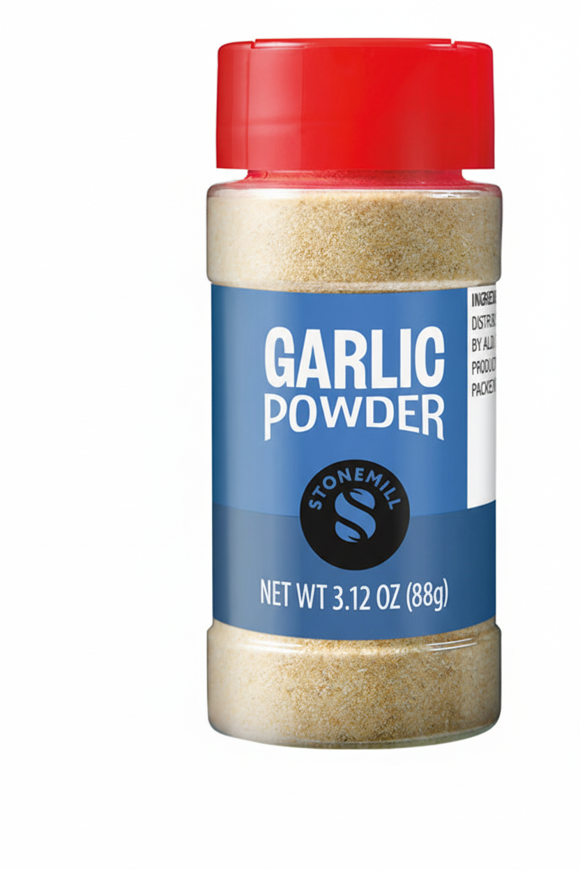Stonemill Garlic Powder 3.12 oz Clear Plastic Shaker Bottle Red Cap Blue Label ALDI Original