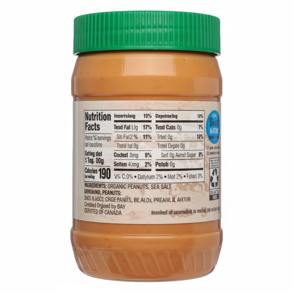 Simply Nature Organic Creamy Peanut Butter 16oz jar back view with nutrition facts and ingredients