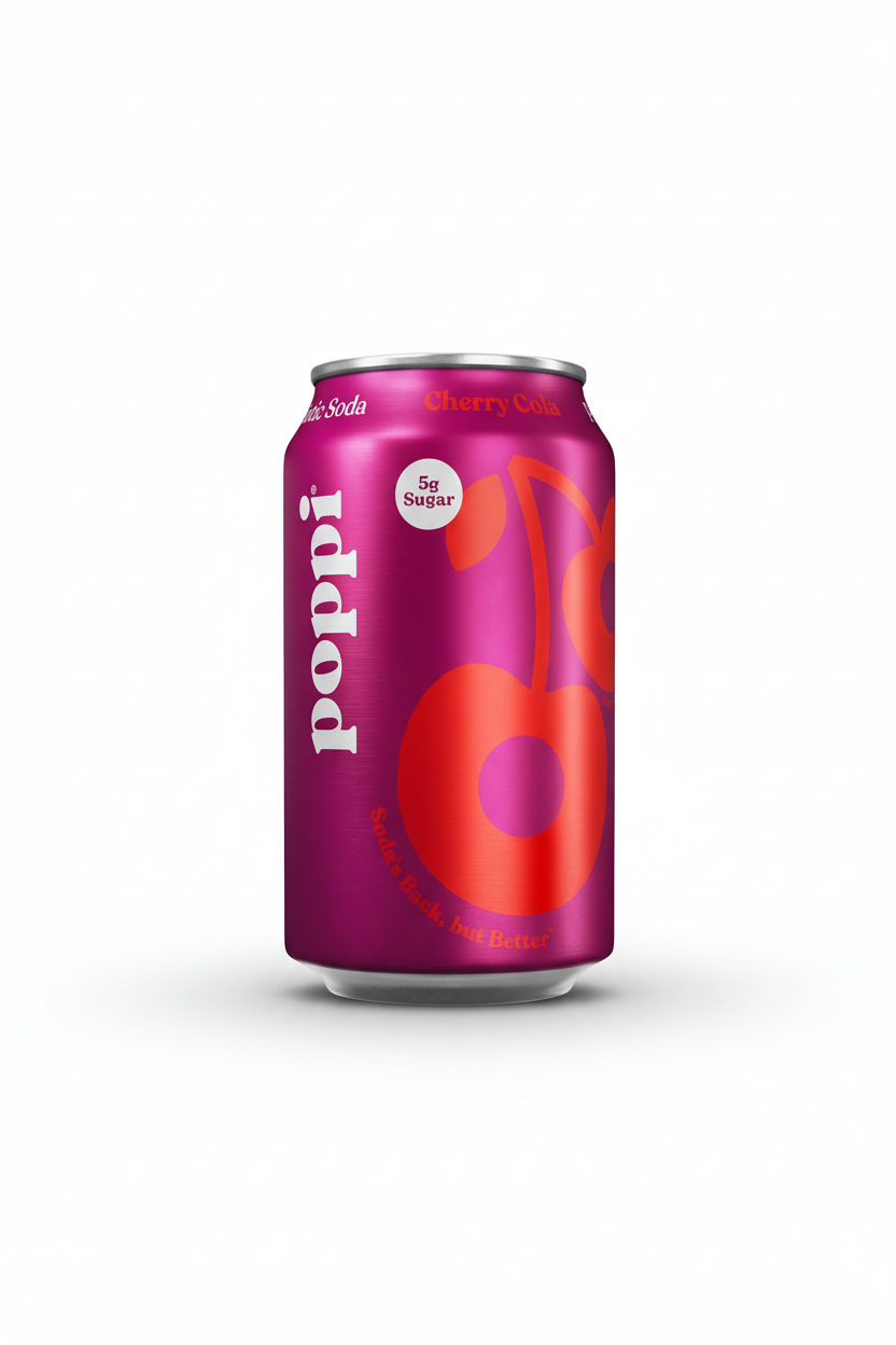 Poppi Cherry Cola prebiotic soda 12 fl oz magenta can 5g sugar 30 calories