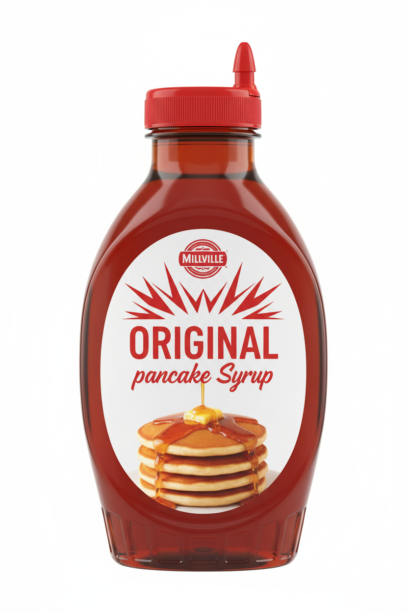 Millville Original Pancake Syrup 24 fl oz Bottle Front Red Sunburst Label Pancake Serving Suggestion