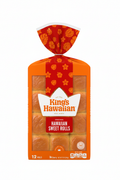 King's Hawaiian Original Hawaiian Sweet Rolls 12 count orange tray with red floral twist-tie, clear window showing golden-brown rolls and 90 calories per roll