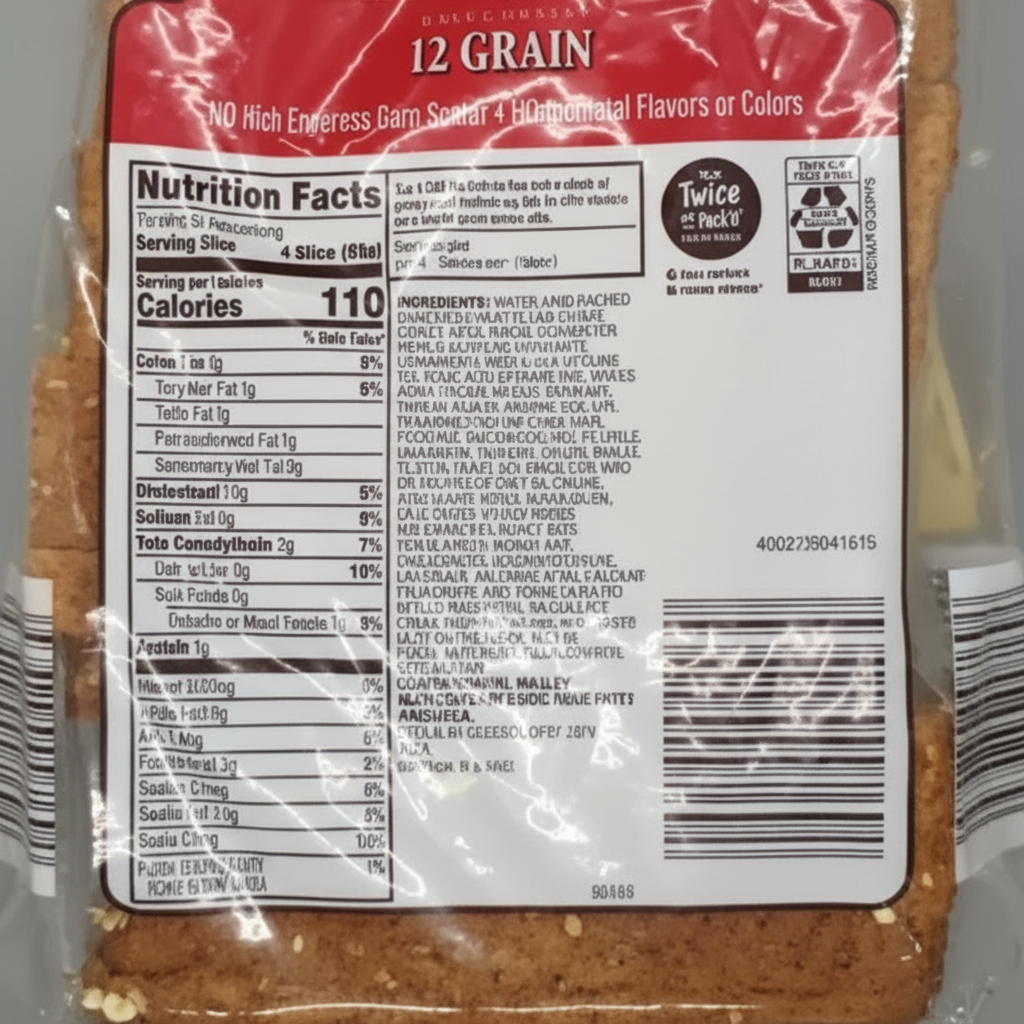 L'oven Fresh 12 Grain Bread 24oz bag back panel with nutrition facts 110 calories and full ingredients list