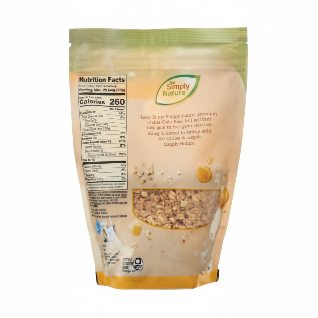 Simply Nature Organic Oats and Honey Granola Cereal 12oz pouch back panel with nutrition facts and ingredients