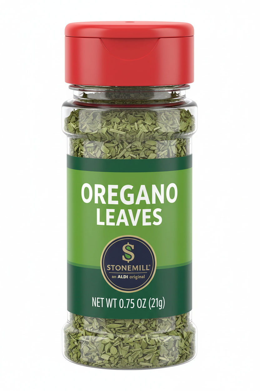 Stonemill Oregano Leaves 0.75 oz Clear Plastic Shaker Bottle Red Cap Green Label ALDI Original