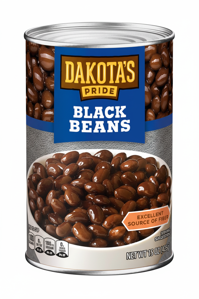 Dakota's Pride Black Beans 15 oz Steel Can Royal Blue Banner Gold Border Bowl Serving Suggestion Excellent Source of Fiber 100 Calories