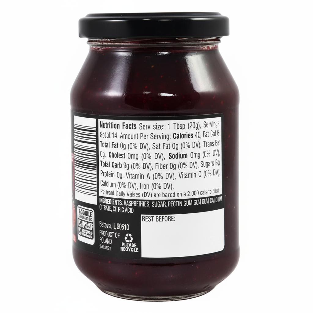 Specially Selected Raspberry Fruit Spread 9.95oz dark glass jar back view with nutrition facts