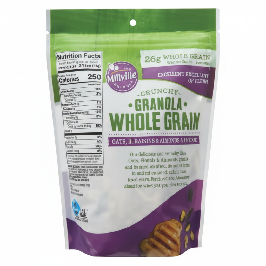 Millville Crunchy Granola Whole Grain 14oz pouch back panel with nutrition facts and ingredients