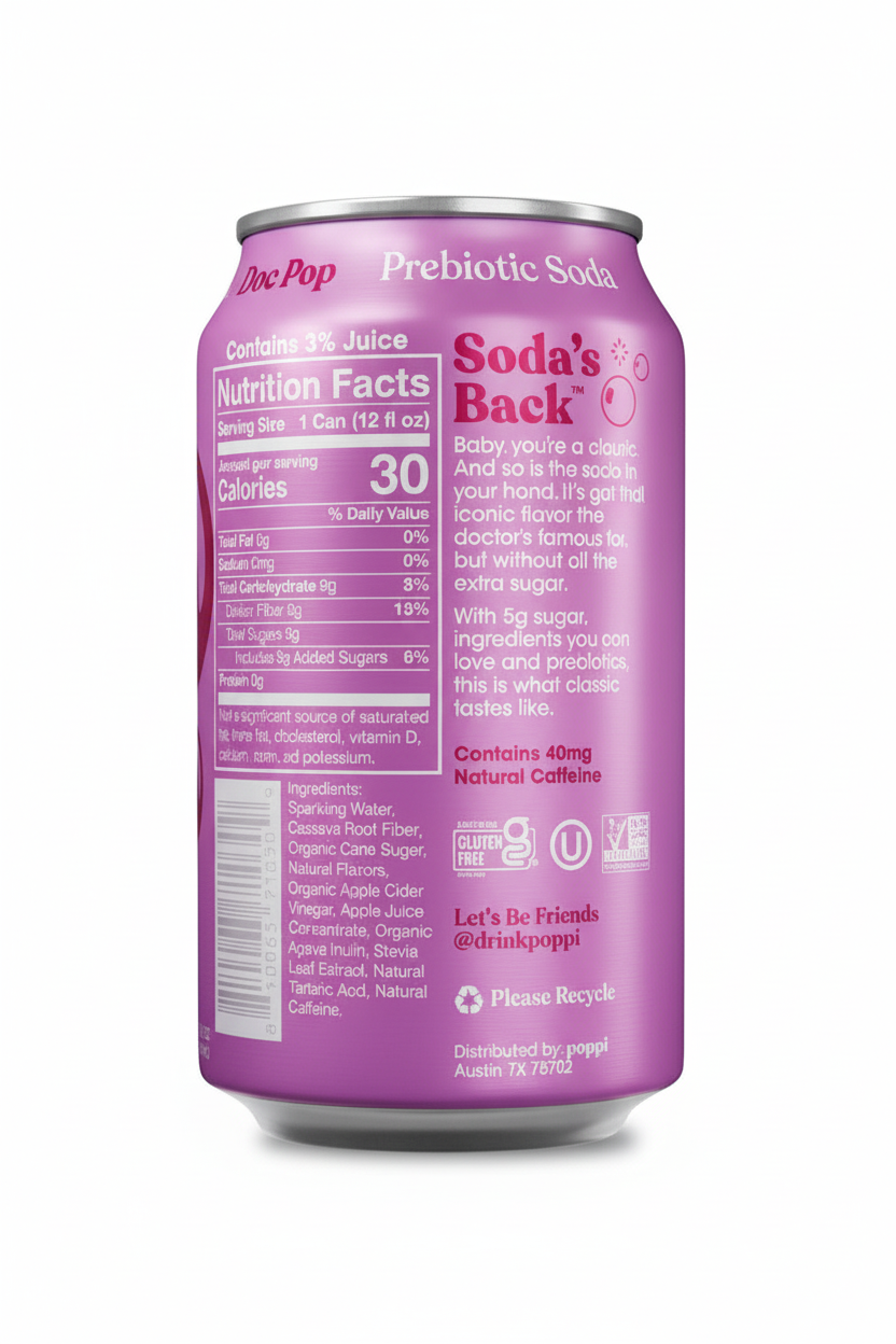Poppi Doc Pop prebiotic soda nutrition facts 30 calories gluten free non-GMO 40mg natural caffeine