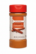 Stonemill Ground Cinnamon 2.37 oz Clear Plastic Shaker Bottle Red Cap Burlap Linen Label Cinnamon Sticks Illustration